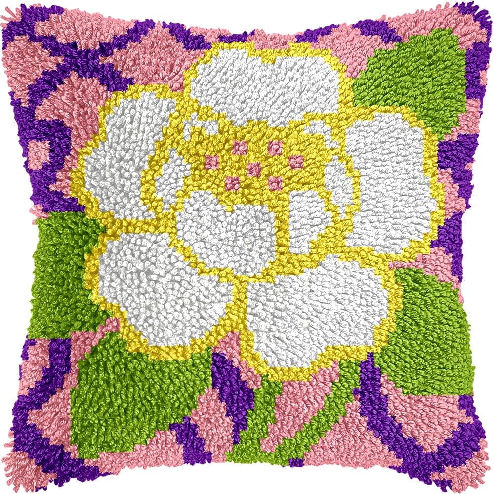Flower Latch Hook Pillow Cover Kits for DIY Handmade Throw Pillow Cross Stitch Latch Hooking Pillowcase Kits with Preprinted Color Pattern Canvas Crochet Yarn Kits 17''X 17''(8-7)