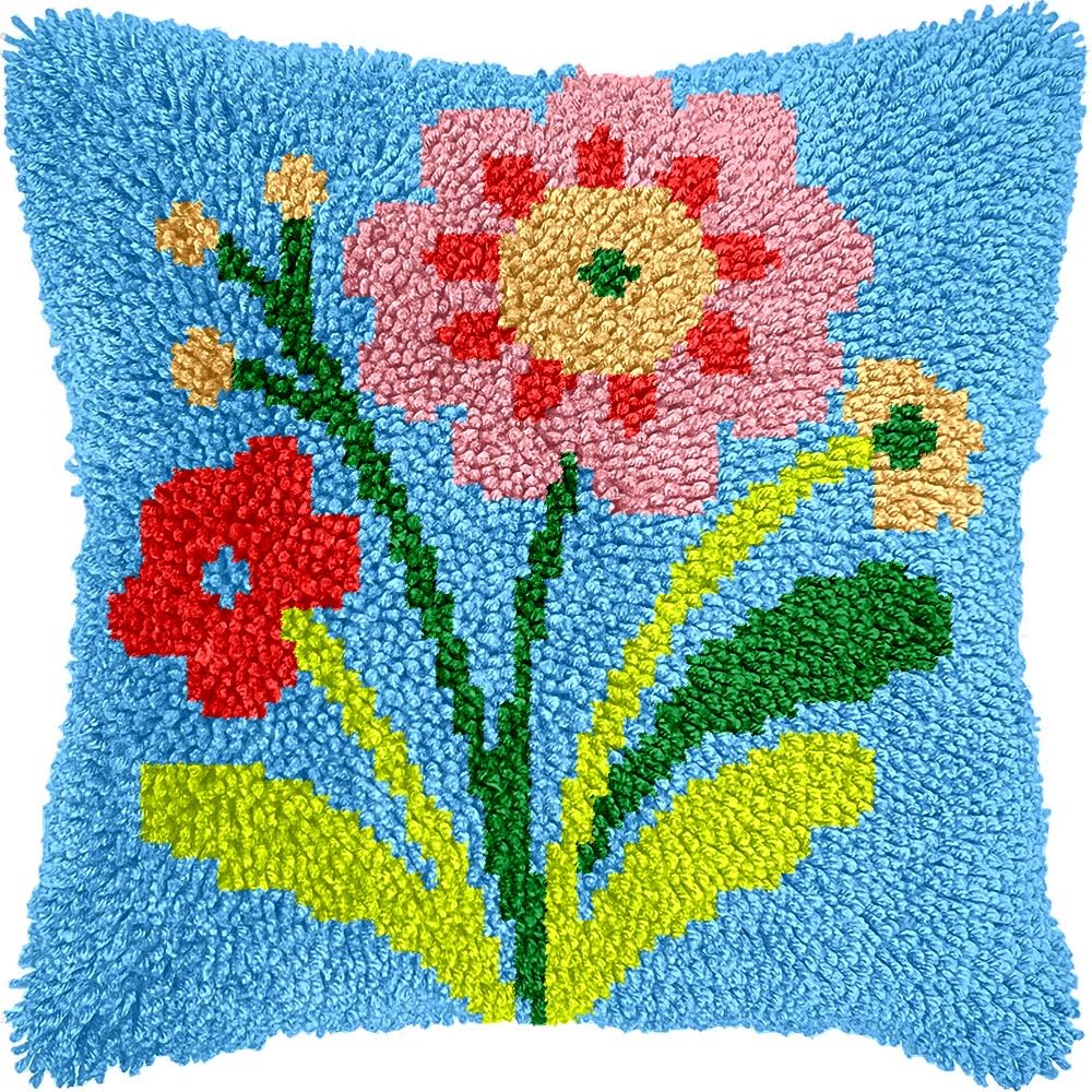 Flower Latch Hook Pillow Cover Kits for DIY Handmade Throw Pillow Cross Stitch Latch Hooking Pillowcase Kits with Preprinted Color Pattern Canvas Crochet Yarn Kits 17''X 17''(8-8)