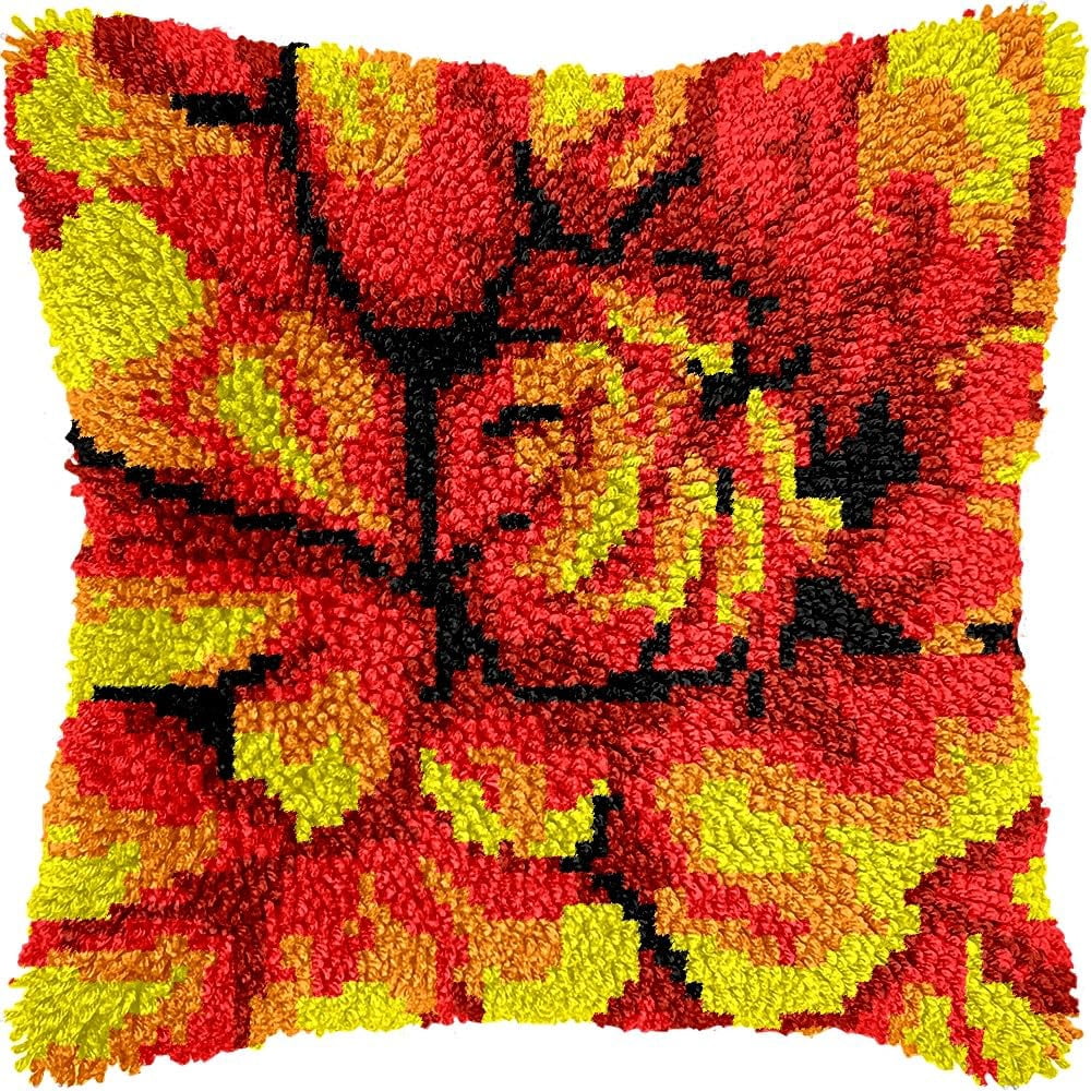 Flower Latch Hook Pillow Kits for DIY Throw Pillow Cushion Embroidery Latch Hooking Pillowcase Kits with Preprinted Canvas Crochet Yarn Kits for Home Decor 17''X 17''(d102)