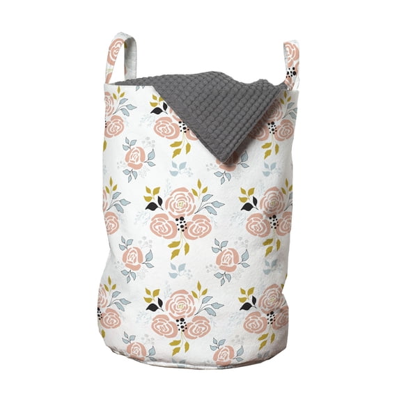 Flower Laundry Bag, Abstract Simplistic Delicate Floral Art Pattern, Hamper Basket with Handles Drawstring Closure for Laundromats, 13" x 19", Blush White Fawn, by Ambesonne