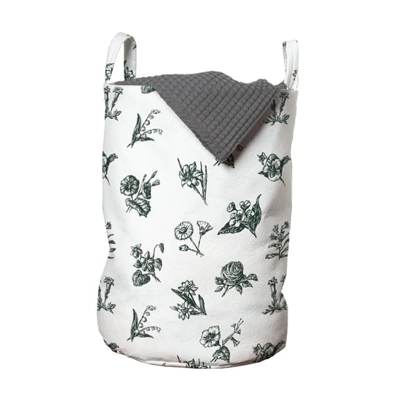 Flower Laundry Bag, Continuous Garden Art Pattern with Various Flowers Vintage Engraved Drawn, Basket with Handles Drawstring Closure for Laundromats, 13" x 19", White and Emerald, by Ambesonne