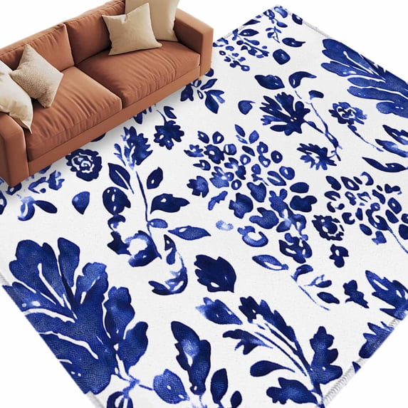 Flower Leaf Area Rug 5x8ft Spring Abstract Dark Blue Floral Vintage Retro Non-Slip Washable Square Rugs Soft Felt Indoor Floor Mat for Bedroom Kitchen Living Room Bathroom