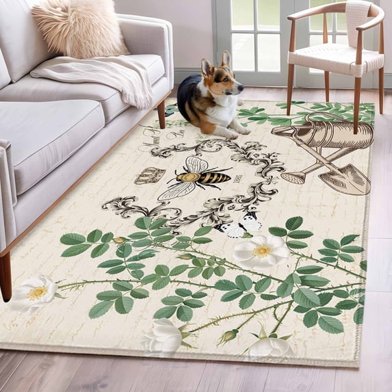 Flower Leaf Bee Area Rugs 4x6 ft Vintage Blue Floral Butterfly Bee Crown Linen Texture Washable Rug Non Slip Indoor Carpet Absorbent Floor Mat for Living Room Bedroom Dining Room