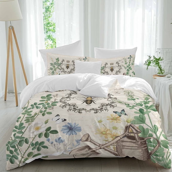 Flower Leaf Bee Twin Size Comforter Set, Vintage Blue Floral Butterfly Bee Crown Bedding for All Seasons, 4 Pcs Bed Set, 1 Quiltcover (68"x86") ,1Sheet(67"x116"), 2Pillowcases (30"x20")