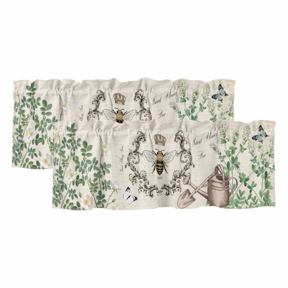 Flower Leaf Bee Window Valance, Vintage Blue Floral Butterfly Bee Crown Linen Texture 2 Pack Decorative Curtain for Small Windows, Light Filtering Valance with 3” Rod Pocket, 42"W x 12"L