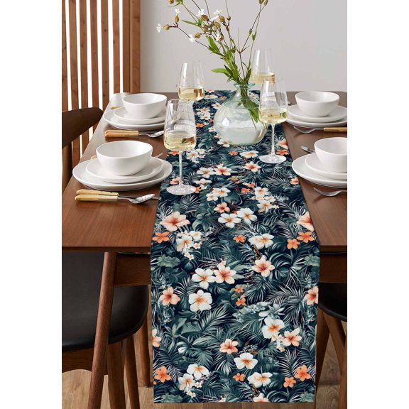 Flower Leaf Blue Plaid Abstract Geometric Table Runner 13x90in Non-Slip Cotton Linen Table Runners, Retro Ethnic Style Dresser Scarves TableRunner for Dinner Kitchen Dining Wedding Party