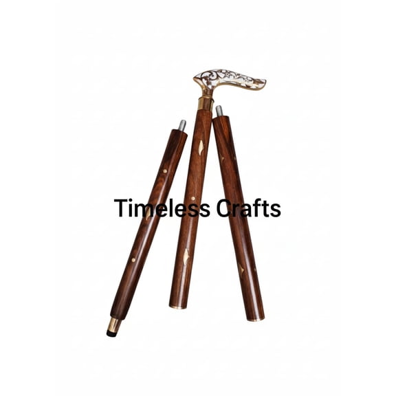Flower Leaf Brass Handle Wooden Walking Stick Elegant 3-Fold Design Luxury Gift Perfect for Daily Use