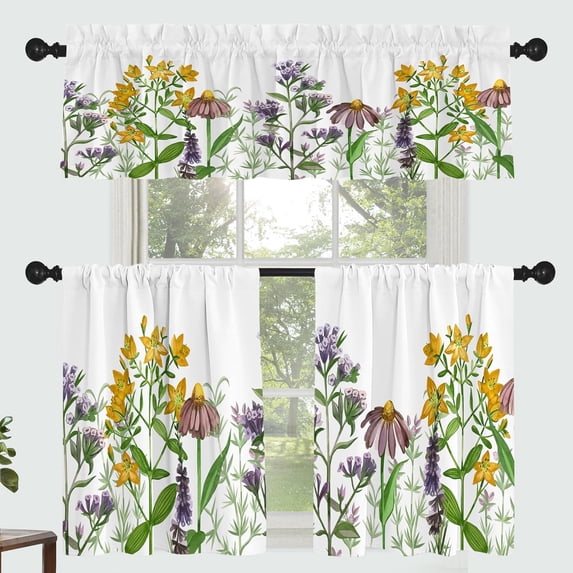 Flower Leaf Curtains for Kitchen Bathroom Yellow Flower Print Rod Pocket Window Curtain Set 3 Pcs Modern Simple Flower Leaf Printed Curtains 54 x 18 + 27 x 36 * 2
