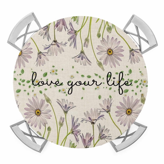 Flower Leaf Elastic Fitted Round Table Cover Love You Life Waterproof Outdoor Tablecloth for Holiday Party, Picnic, Patio & Dining Fits Tables Up to 55"-60"