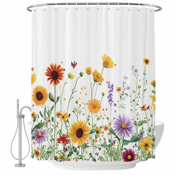 Flower Leaf Fabric Shower Curtain Watercolor Sunflower Washable Shower Curtains for Bathroom, Waterproof Bath Curtain with Hooks Home Decor 72x84in