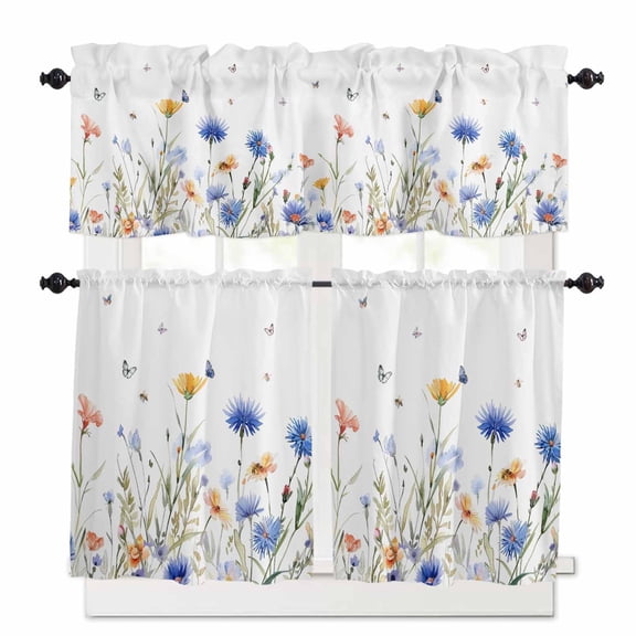 Flower Leaf Kitchen Curtains Valances and Tiers Set of 3, Spring 36 Inch Length Tier Curtains and Valance Rod Pocket Valance Curtains Set for Kitchen Bathroom Small Windows