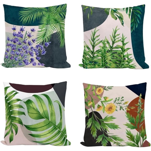 Flower Leaf Pillow Covers 18x18 Inch Set of 4 Summer Tropical Green Palm Leaves Sunflowers Lavender Throw Pillow Cases Modern Home Living Room Couch Decor Geometrical Cushion Cover