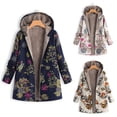 thumbnail image 1 of Flower Leaf Printed Women Autumn Winter Warm Hooded Pocket Coat Zipper Overcoat, 1 of 8