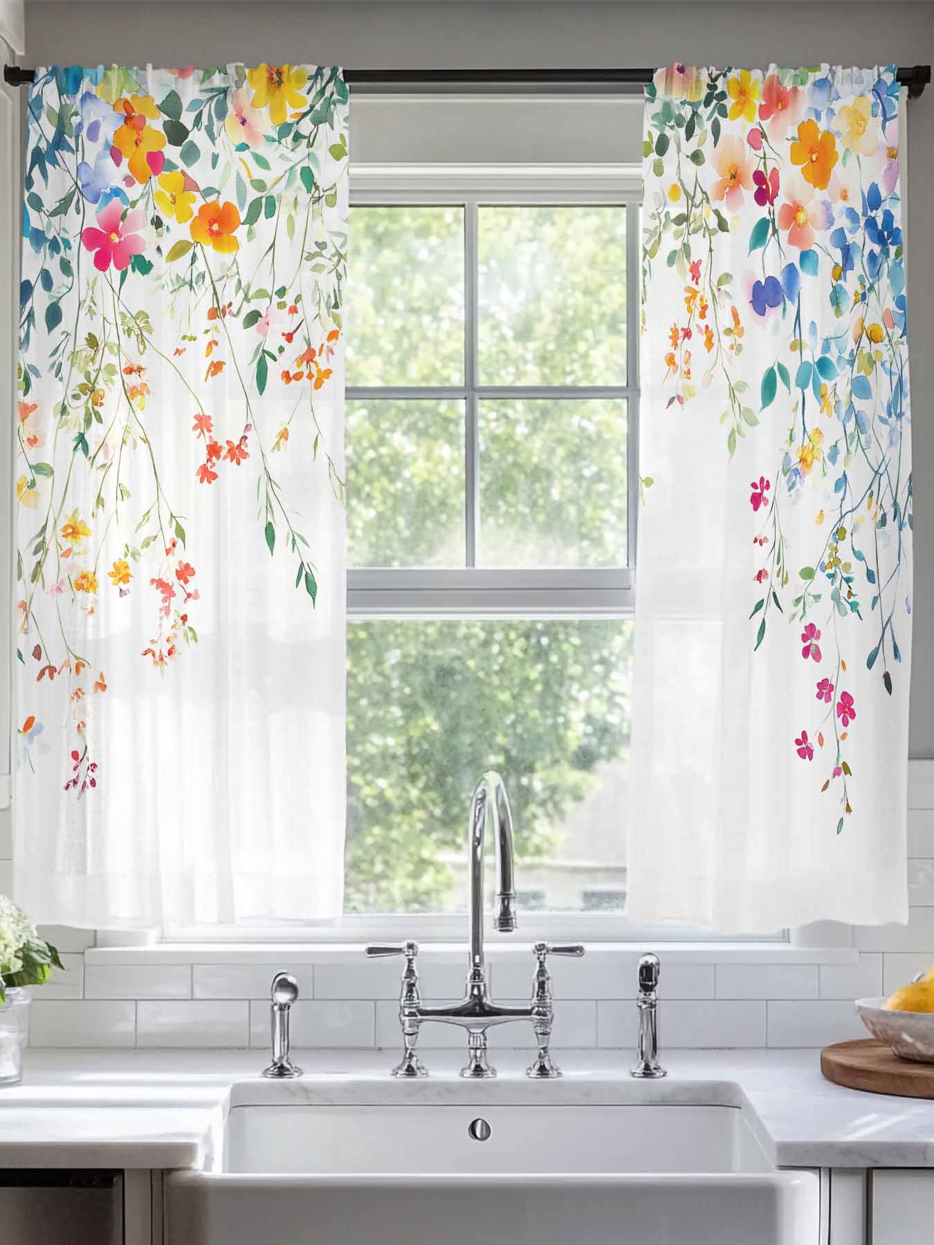 Picture of Flower Leaf Sheer Curtains for Living Room Bedroom Country Style Colored Flower Branch Plant ...