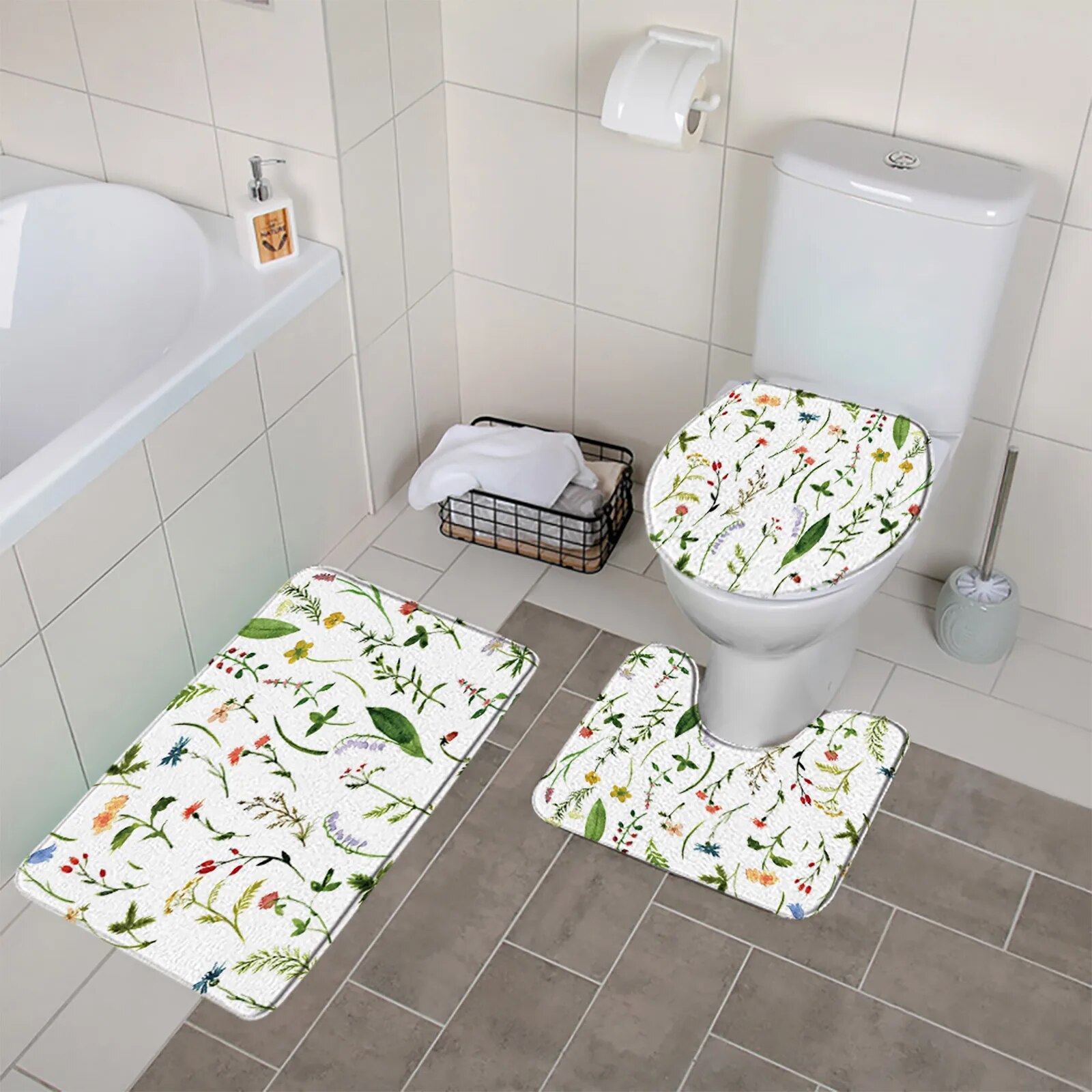Flower Leaves Bath Mat 3 Pcs Sets Watercolor Plant Leaf Bathroom Decor