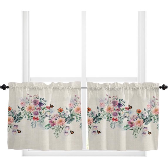 Flower Leaves Kitchen Curtain 2 Panels Tiers Curtains 24 Inch Length, Curtains Rod Pocket Curtains Window Drapes Treatment Window Cafe Curtains 55''''x24'''' Butter-Fly Vintage Botanical Leaves