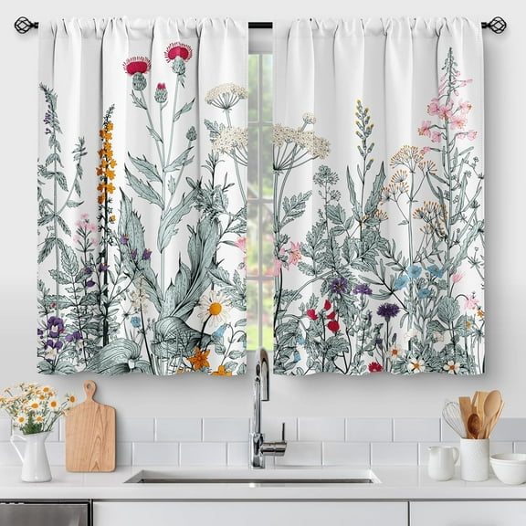 Flower Leaves Kitchen Curtains - Dark Green Floral Spring Rustic Plant Botanical Cafe Farmhouse Small Short Curtains for Bathroom RV Rod Pocket Window Drapes 24 Inch Length 2 Panels Set