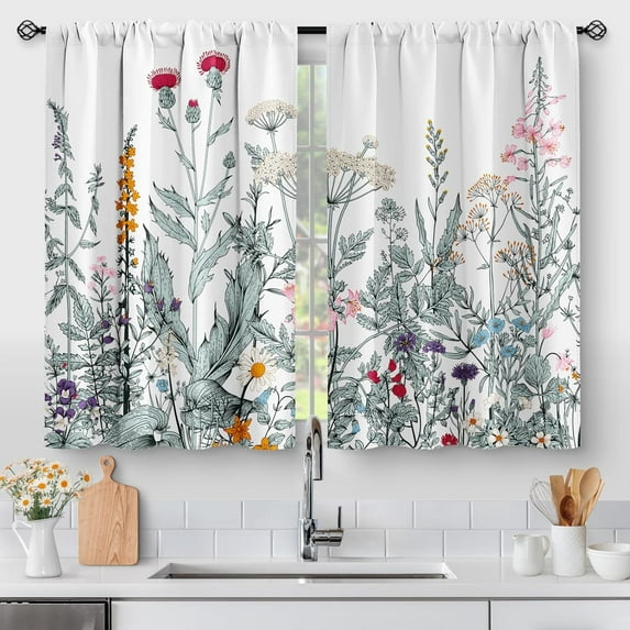 Flower Leaves Kitchen Curtains - Dark Green Floral Spring Rustic Plant Botanical Cafe Farmhouse Small Short Curtains for Bathroom RV Rod Pocket Window Drapes 24 Inch Length 2 Panels Set
