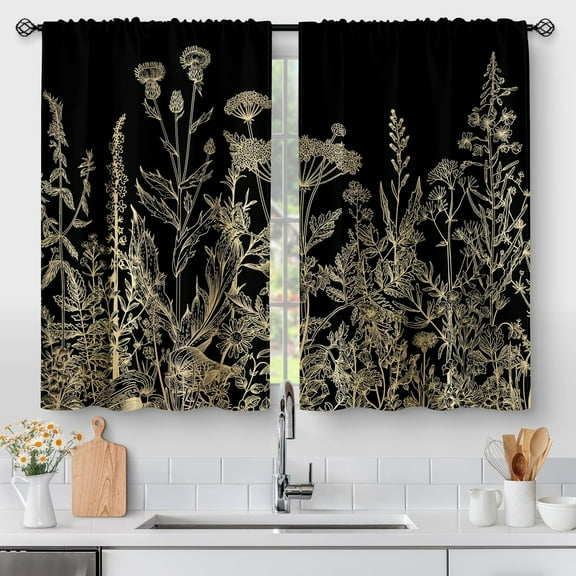 Flower Leaves Kitchen Curtains - Golden Floral Spring Rustic Plant Botanical Cafe Farmhouse Small Short Curtains for Bathroom RV Rod Pocket Window Drapes 24 Inch Length 2 Panels Set