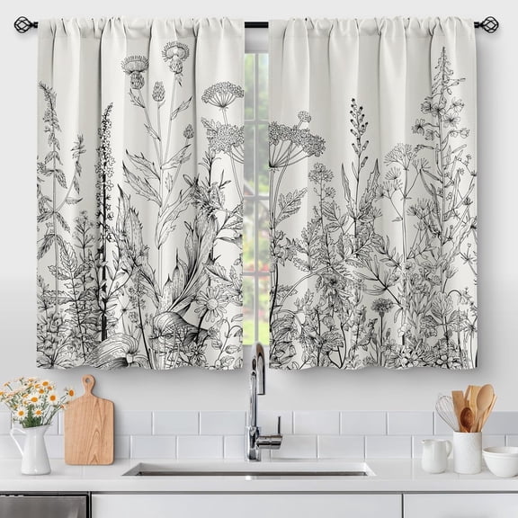 Flower Leaves Kitchen Curtains - Grey Floral Spring Rustic Plant Botanical Cafe Farmhouse Small Short Curtains for Bathroom Living Room Rod Pocket Window Drapes 24 Inch Length 2 Panels Set