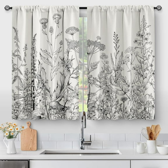 Flower Leaves Kitchen Curtains - Grey Floral Spring Rustic Plant Botanical Cafe Farmhouse Small Short Curtains for Bathroom Living Room Rod Pocket Window Drapes 36 Inch Length 2 Panels Set