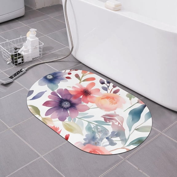Flower Leaves Pattern Bath Mat Spring Floral Diatomaceous Earth Bathroom Rugs Absorbent Stone Bath Mat Fast Drying Shower Rug Non Slip Doormat 15.7" x 23.6"