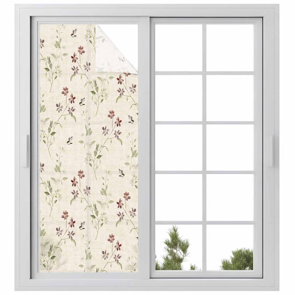 Flower Leaves Window Privacy Film, Farmhouse Country Flower Bud Watercolor Static Cling UV Sun Blocking Heat Control Window Tint, Non-Adhesive One Way Windows Privacy Cover 29.5''x78.7''