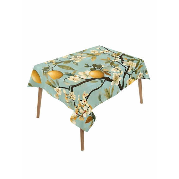 Flower Lemon Table Cloth, Waterproof Tablecloth for Rectangle Tables, Spring Summer Watercolor Leaves Plant Reusable Washable Fabric Table Cover for Restaurant Kitchen Dining Tables 52"x70"