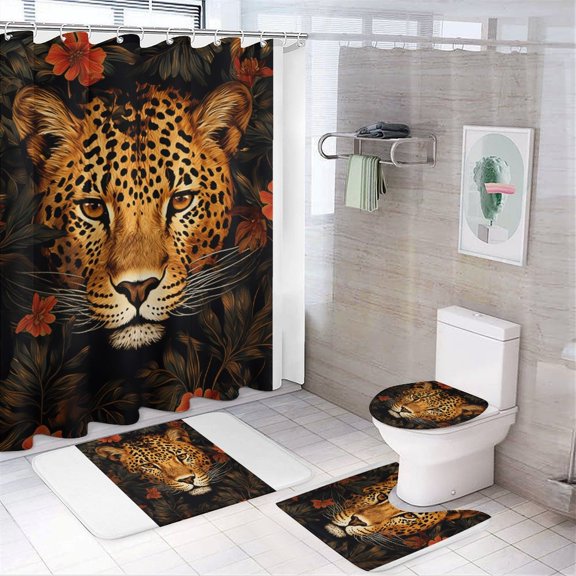 Flower Leopard 4 Pcs Shower Curtain Set with Rug Bathroom Sets with Waterproof Fabric And Non-Slip Rugs Toilet Lid Cover Bath Mat Decor with Hooks