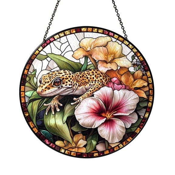 Flower Leopard Gecko Window Suncatcher, Stained Glass Style Reptile Hanging Decor, Creative Gift for Animal Lovers