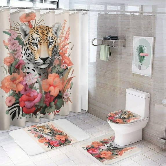 Flower Leopard Shower Curtain Home Decor, Polyester Cotton Fabric Waterproof Modern Bath Curtain with 12 Hooks 72x72 Inch