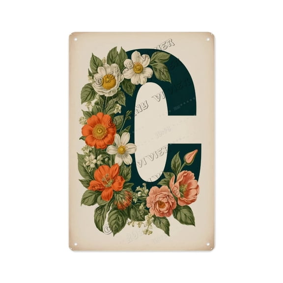 Flower Letter C Metal Tin Sign  Floral Alphabet C Wall Art for Girls Room, Nursery, Powder Room  Personalized Monogram Gift for Women or Teens 12x16 inch