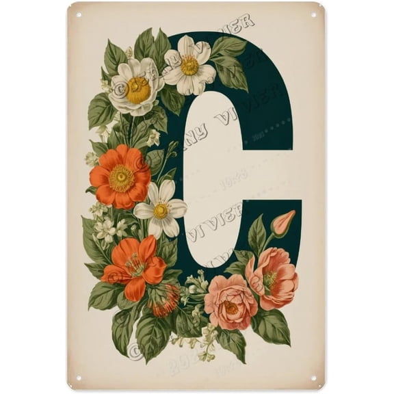 Flower Letter C Metal Tin Sign Floral Alphabet C Wall Art for , Powder Room Personalized Monogram Gift for Women or Teens 12x16 inch