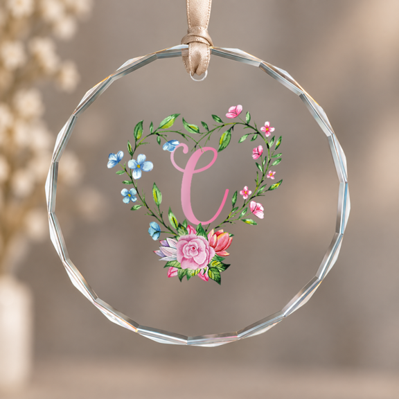 Flower Letter C Name Initial Monogram Ornament, Home Decor, Circle Glass Ornament