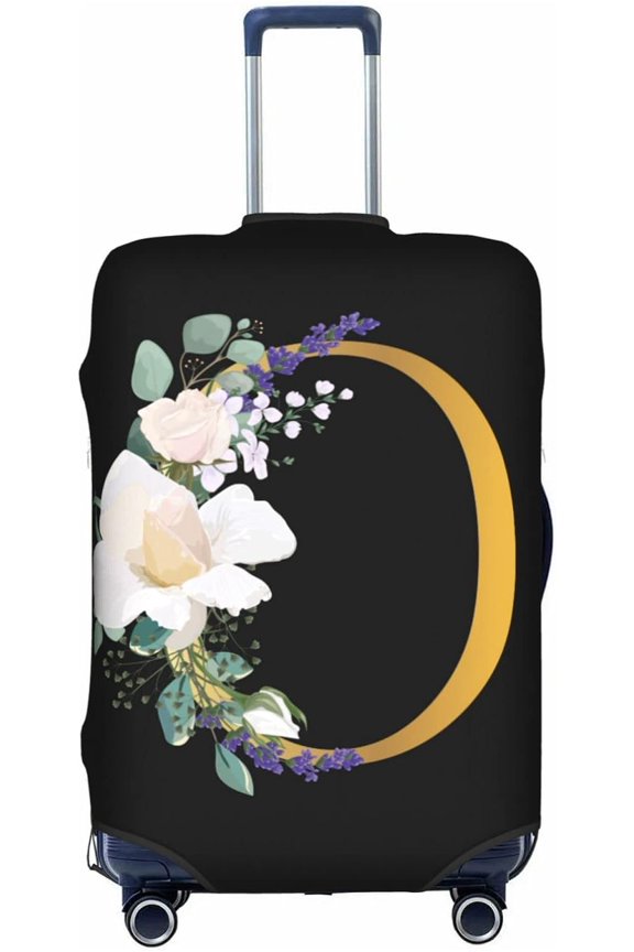 Flower Letter O Black Luggage Cover Elastic Washable Stretch Suitcase Protector Anti-Scratch Travel Suitcase Cover for Kid and Adult S (18-21 inch suitcase)