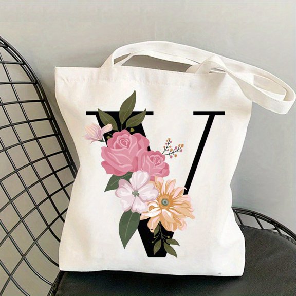 Flower Letters Print Canvas Tote Bag, Lightweight School Shoulder Bag, Reusable Large Shopping Bag Gift For Women's Day