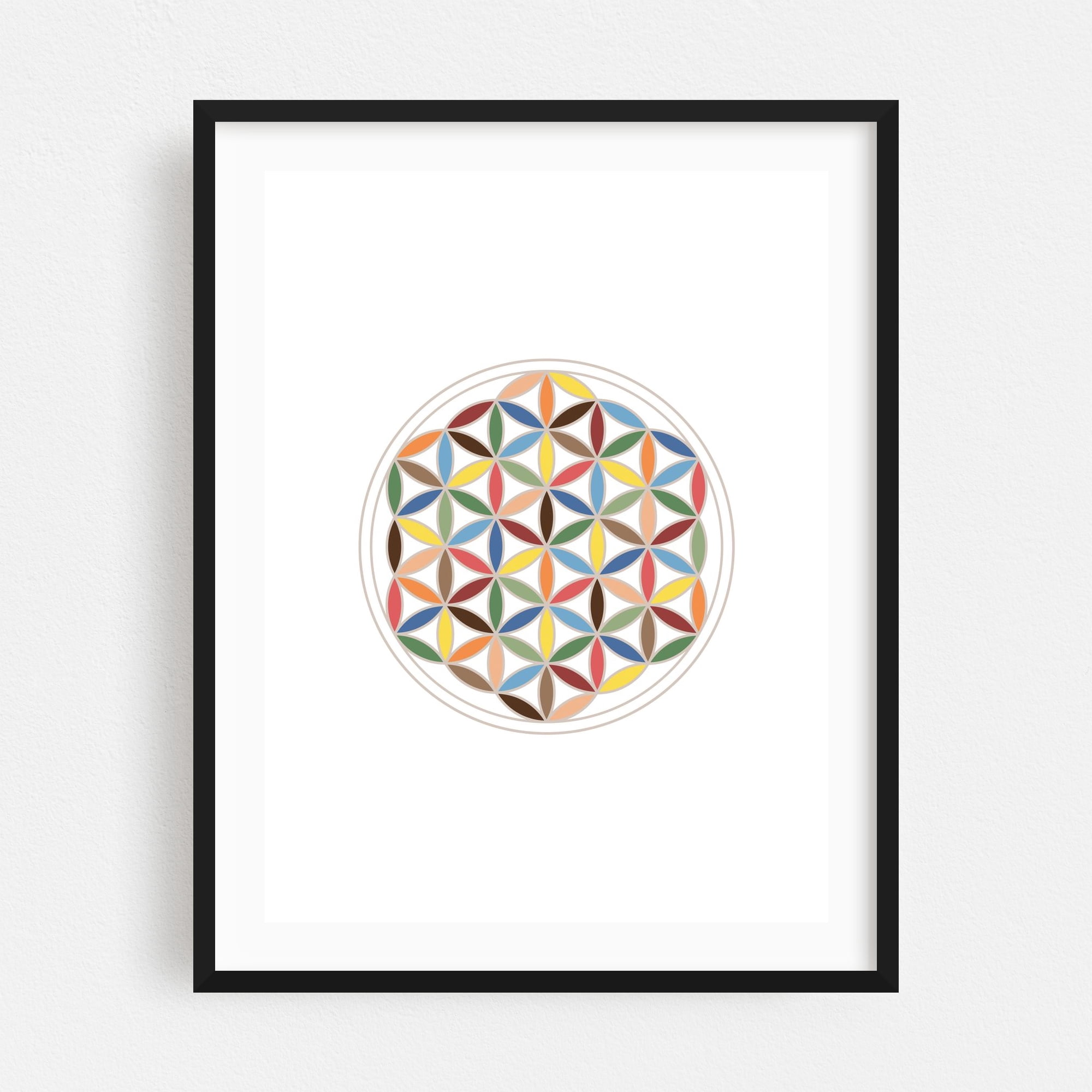 Custom Fabric Wall Art With Geometric Patterns For Modern City Reference: Flower Of Life Retro Colors On White