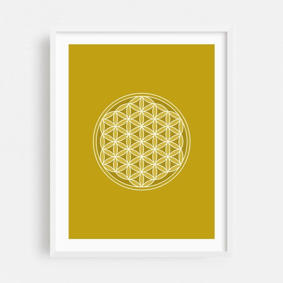 Flower of Life White and Golds - Digital Art Geometric Pattern Minimalist Modern Art Abstract Spiritual Line Art White Framed Wall Art Print 9 x 12 inches