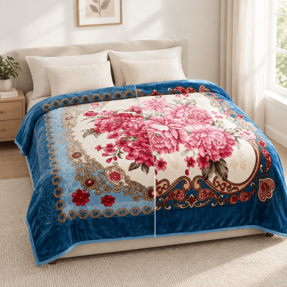 Flower/Light Blue King 2-Ply Thick Reversible Plush Raschel Bed Blanket