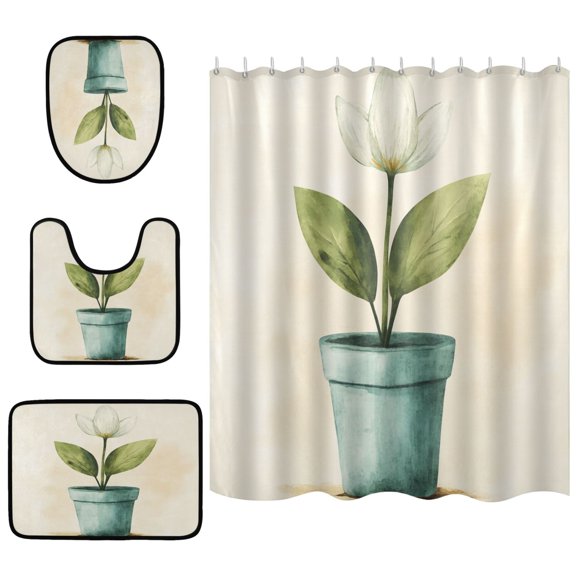 Flower Lily Bathroom Accessory Curtain Sets Bath Curtain Anti-Slip Mats and Toilet Pad 66x72in