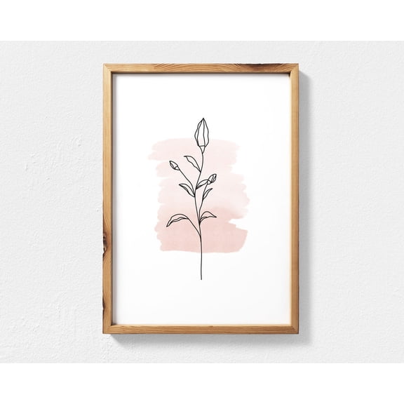 Flower Line Drawing Wall Art Featuring Pastel Pink Splash, Minimalist Botanical Line Art, Wall Art Prints Home Decor #4129, Unframed Poster Size 8x12