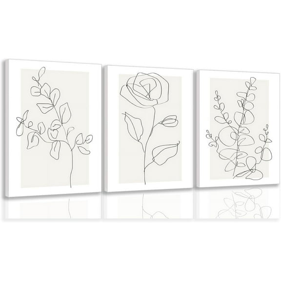 Flower Line Wall Art Set of 3 Neutral Botanical Wall Decor Minimalist Black and White Floral Canvas Poster Prints Aesthetic Pictures for Living Room Bedroom Framed 12x16 inch
