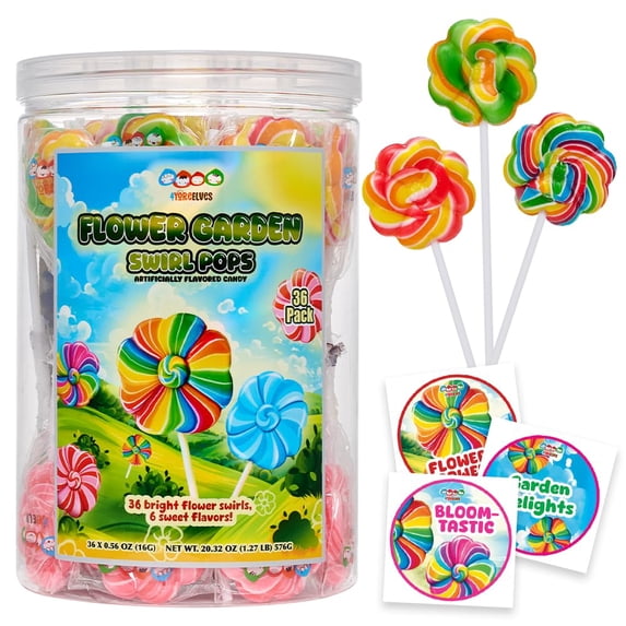 Flower Lollipops 36 Pack - Individually Wrapped Swirl Suckers - Assorted Tutti Frutti, Strawberry, Orange & Lemon - Flower-Shaped Hard Candy for Parties, Candy Buffets & Goody Bags - 4YoreElves