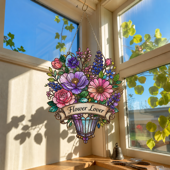 Flower Lover Gift Acrylic Suncatcher Floral Window Hanging Stained Glass Style Decor