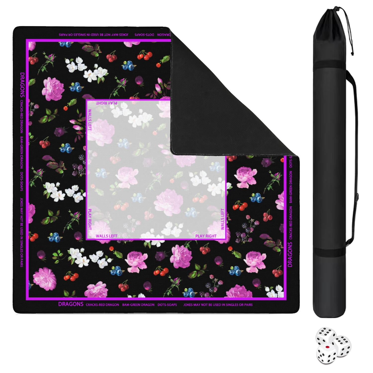 Flower Mahjong Mat with Rules, 31.5*31.5in Anti Slip American Mahjong Mat for Table, Noise Reduction, Neoprene Mah jongg Mats with Carrying Bag & 3 Dices, Mahjong Set Gift, Board Tile Games Mats