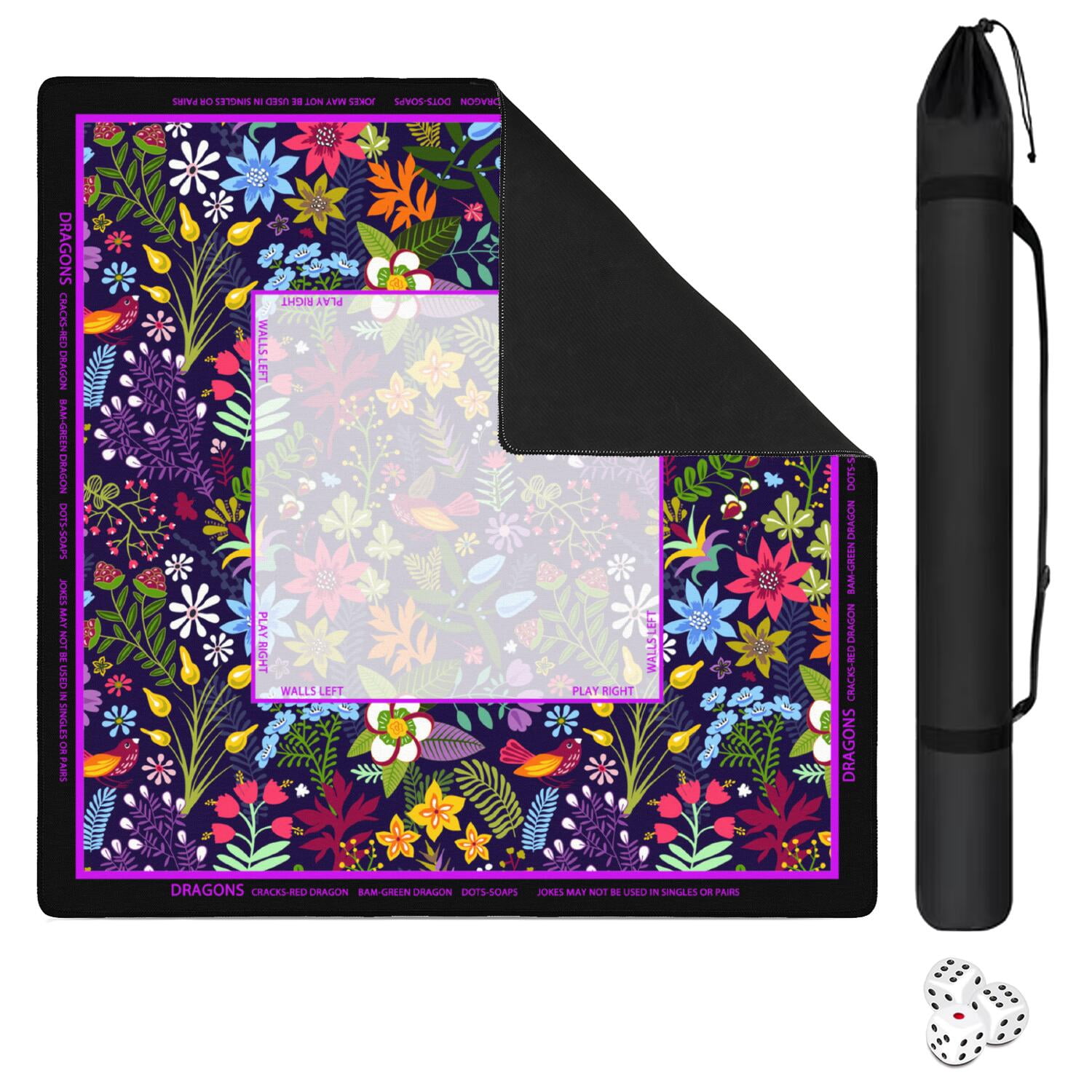 Flower Mahjong Mat with Rules, 31.5*31.5in Anti Slip American Mahjong Mat for Table, Noise Reduction, Neoprene Mah jongg Mats with Carrying Bag & 3 Dices, Mahjong Set Gift, Board Tile Games Mats