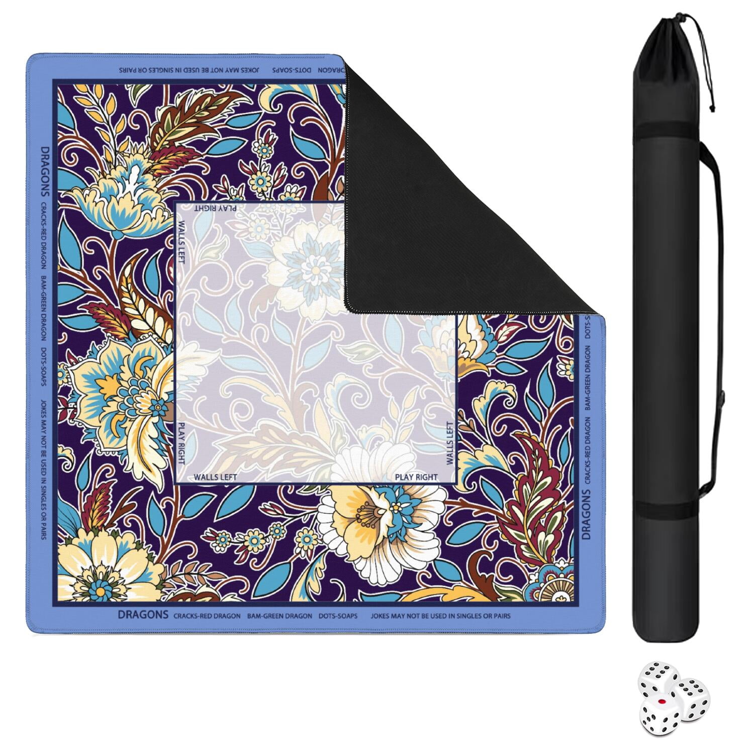 Flower Mahjong Mat with Rules, 31.5*31.5in Anti Slip American Mahjong Mat for Table, Noise Reduction, Neoprene Mah jongg Mats with Carrying Bag & 3 Dices, Mahjong Supplies Gift, Board Tile Games Mats