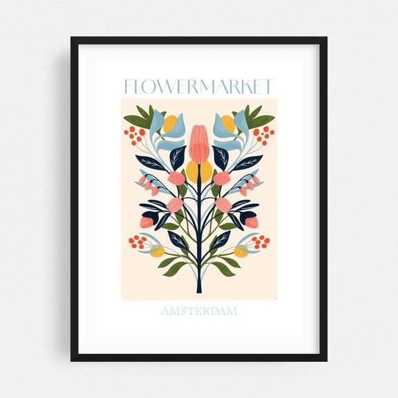 Flower Market Amsterdam Print - Boho Botanical Illustration Poster for Moody Interior Decor - Amsterdam Noord-Holland The Netherlands Illustration Flowers Black Framed Wall Art Print 5 x 7 inches