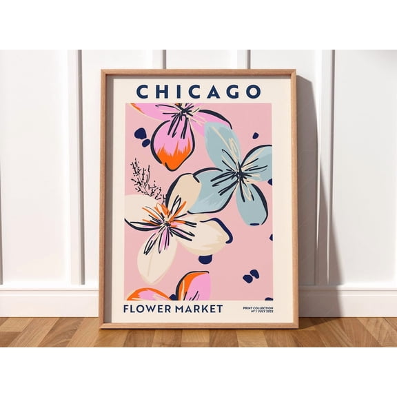 Flower Market Chicago Poster Pink Floral City Map Wall Art Boho Housewarming Decor Illinois Travel Print UNFRAMED Poster, Wall Art for Decor, Present, 24x36