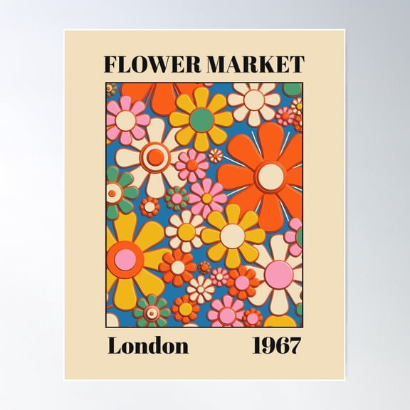 Flower Market London 1967 Colorful Retro Floral 60S Plastic Art Print On Beige Poster Wall Art, Modern Wall Decor For Living Room Bedroom, 12x18 UNFRAMED
